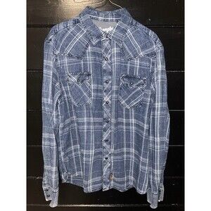 Wrangler Retro Western Plaid Pearl Snap Blue Shirt Long Sleeve Men's Size L